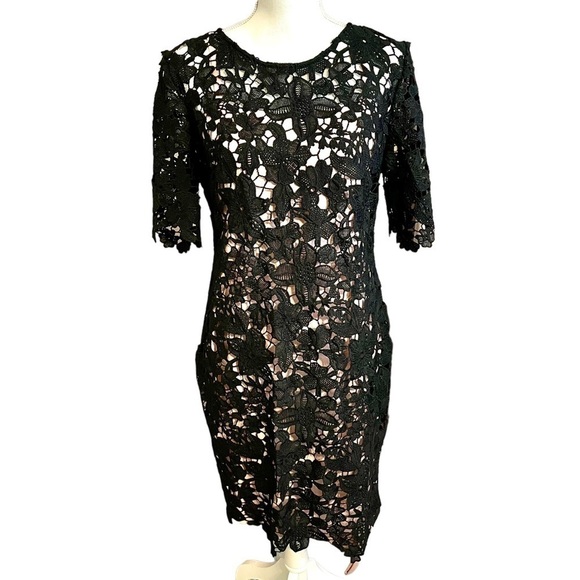 Leslie Fay Black Lace Dress Floral Sheath Round Neck Midi with Pink Slip-Size 8 - Picture 1 of 14